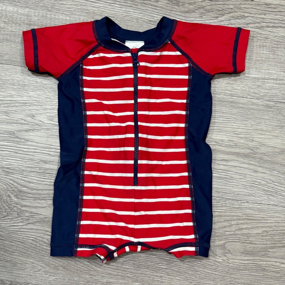 Hanna‎ Andersson Kids Rash Guard Swim Shirt Red White Stripe Navy Size 50 0-3m